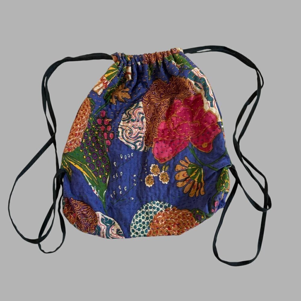 Artmela Blue Floral Cotton Drawstring Backpack Purse Y2K